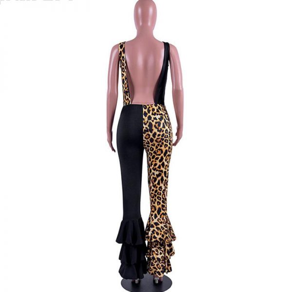 Women Ruffles Flare Jumpsuits Leopard Print Sleeveless O-Neck Outfits Sexy Skinny Rompers Club Night Party One Piece Overalls - Takalr