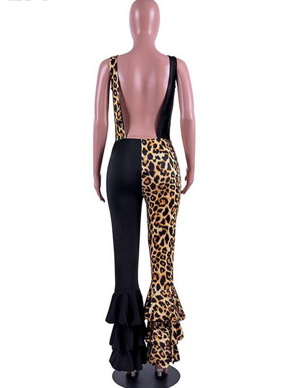 Women Ruffles Flare Jumpsuits Leopard Print Sleeveless O-Neck Outfits Sexy Skinny Rompers Club Night Party One Piece Overalls - Takalr