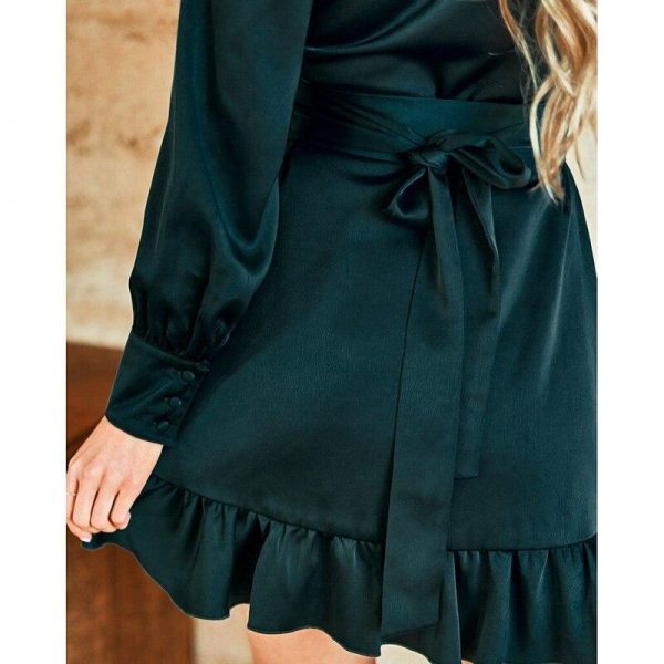 Women Ruffles V Neck Long Sleeve Dress Autumn Sashes Green Short Dress Casual Party Mini Vestidos Mujer - Takalr