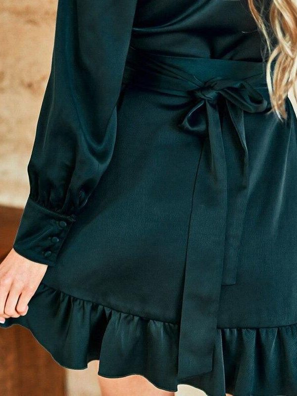 Women Ruffles V Neck Long Sleeve Dress Autumn Sashes Green Short Dress Casual Party Mini Vestidos Mujer - Takalr