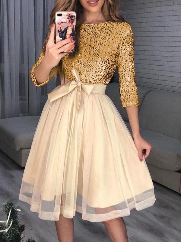 Women Sequin Mesh Patchwork A-line Party Dress Sequins Tight Waist Layered Mesh Dress Elegant Ladies 3/4 Sleeve formal Dresses - Takalr