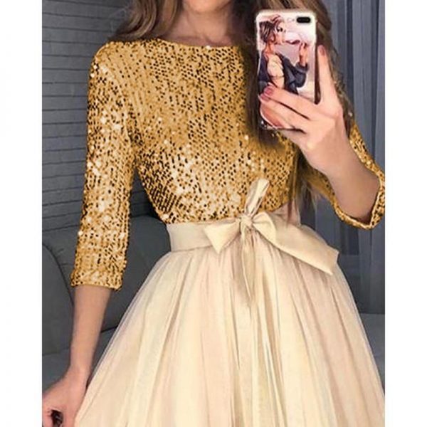 Women Sequin Mesh Patchwork A-line Party Dress Sequins Tight Waist Layered Mesh Dress Elegant Ladies 3/4 Sleeve formal Dresses - Takalr