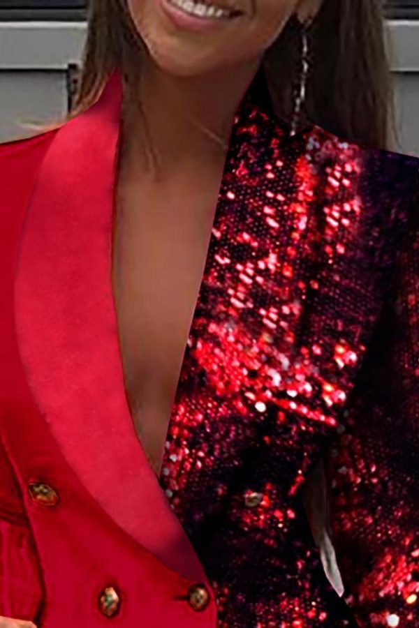 Women Sequined Patchwork Blazer Dress Colorblock Sequins Long Sleeve Dress Elegant Buttoned Turn Down Collar Office Dresses - Takalr