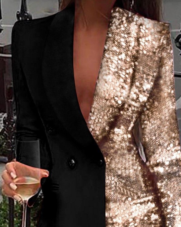 Women Sequined Patchwork Blazer Dress Colorblock Sequins Long Sleeve Dress Elegant Buttoned Turn Down Collar Office Dresses - Takalr