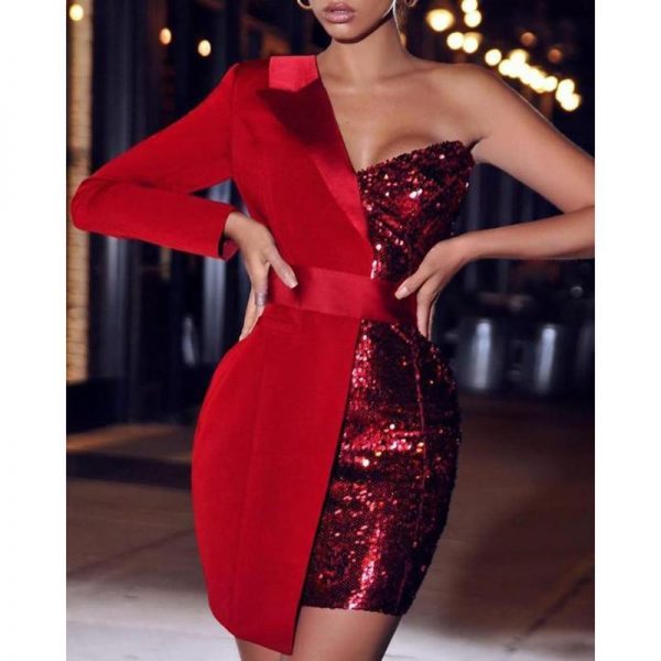 Women Sequined Patchwork Sey Dress One Shoulder Sequin Patchwork Party Dress - Takalr