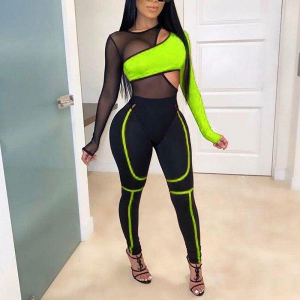 Women Bodysuit Legging Set Tansparent Cut Out Bodysuit Skinny Leggings Two Piece Set Night Club Outfits Tracksuits - Takalr