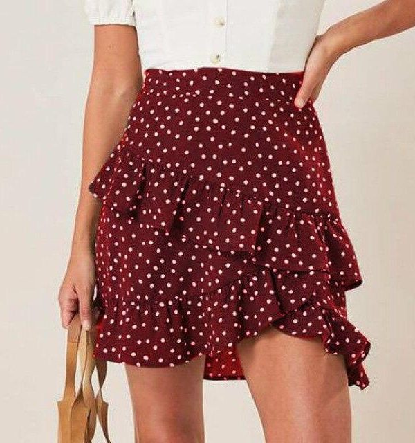 Women Sexy  High Waist Skirt Red Polka Dot Printed Ruffled Women Skirt Warp Skirt Mini Skirt Bodycon Skirt - Takalr