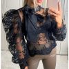 Women Lace Embroider Mesh Blouse Puffed Sleeve Blouse Shirts Long Sleeve Bow Tie Collar Shirt Blouse - Takalr