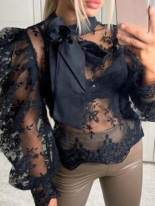 Women Lace Embroider Mesh Blouse Puffed Sleeve Blouse Shirts Long Sleeve Bow Tie Collar Shirt Blouse - Takalr