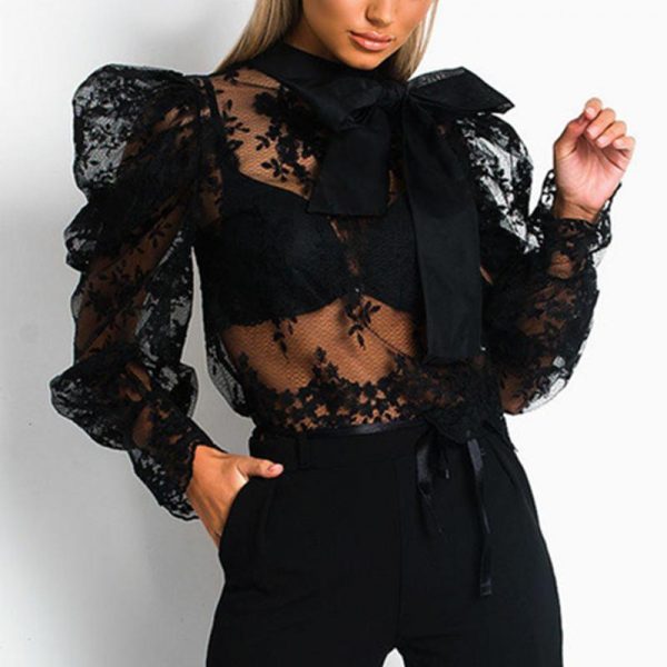 Women Lace Embroider Mesh Blouse Puffed Sleeve Blouse Shirts Long Sleeve Bow Tie Collar Shirt Blouse - Takalr