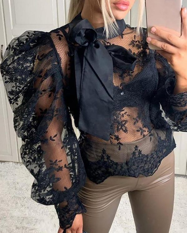 Women Lace Embroider Mesh Blouse Puffed Sleeve Blouse Shirts Long Sleeve Bow Tie Collar Shirt Blouse - Takalr