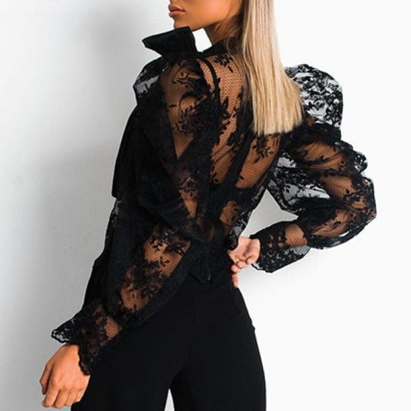 Women Lace Embroider Mesh Blouse Puffed Sleeve Blouse Shirts Long Sleeve Bow Tie Collar Shirt Blouse - Takalr