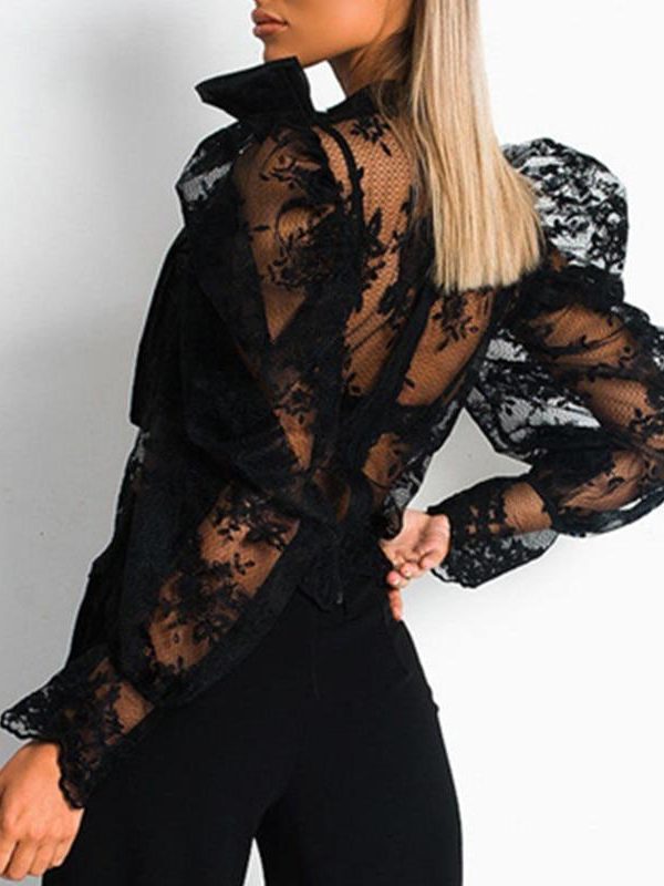 Women Lace Embroider Mesh Blouse Puffed Sleeve Blouse Shirts Long Sleeve Bow Tie Collar Shirt Blouse - Takalr