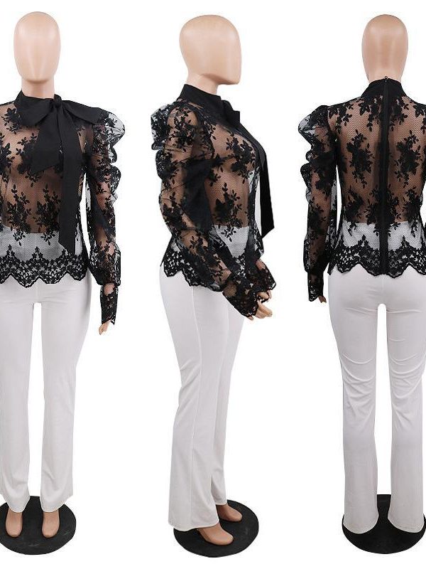 Women Lace Embroider Mesh Blouse Puffed Sleeve Blouse Shirts Long Sleeve Bow Tie Collar Shirt Blouse - Takalr