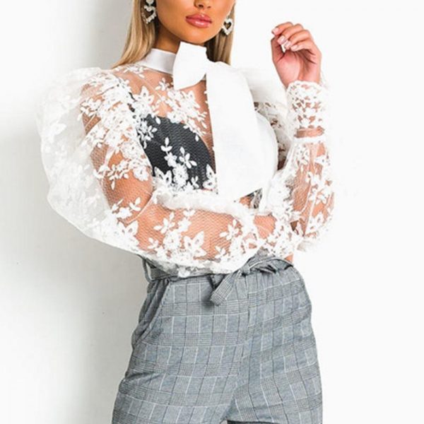 Women Lace Embroider Mesh Blouse Puffed Sleeve Blouse Shirts Long Sleeve Bow Tie Collar Shirt Blouse - Takalr