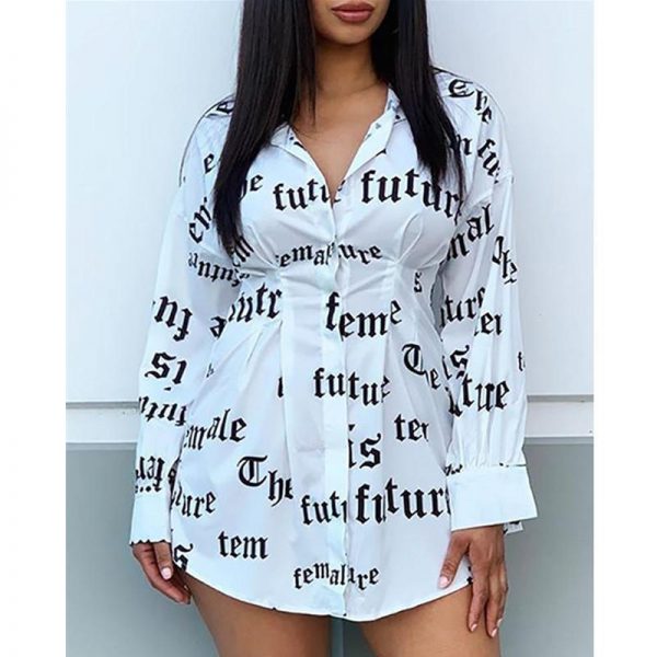 Women Letter Print Shirt Dress Long Sleeve V Neck Tight Waist Casual Shirt Mini Dress - Takalr