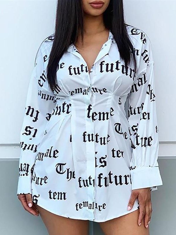 Women Letter Print Shirt Dress Long Sleeve V Neck Tight Waist Casual Shirt Mini Dress - Takalr