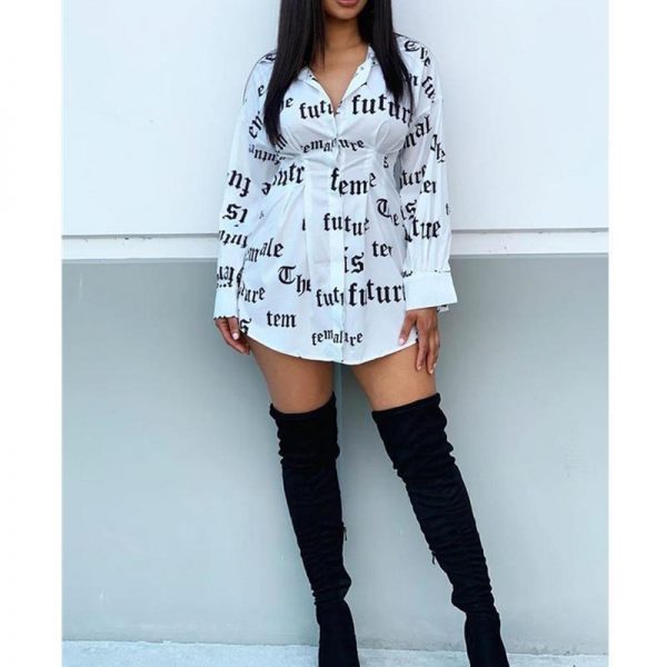 Women Letter Print Shirt Dress Long Sleeve V Neck Tight Waist Casual Shirt Mini Dress - Takalr