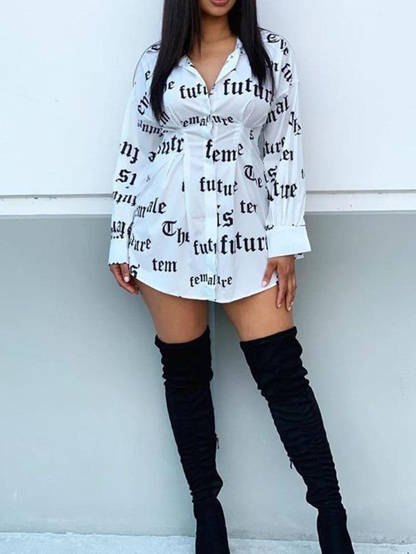 Women Letter Print Shirt Dress Long Sleeve V Neck Tight Waist Casual Shirt Mini Dress - Takalr