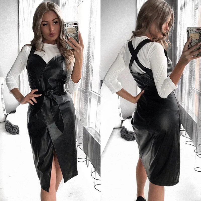 Women Sexy Sashes Pu Leather Sheath Party Dress Sleeveless Sling tight Cortex Winter Dress Fashion Midi Dress Vestidos - Image 6