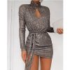 Women Sequined Keyhole Tie Waist Dress Club Wear Party Mini Dress Asymmetric Sexy Bodycon Mini Vestidos - Takalr