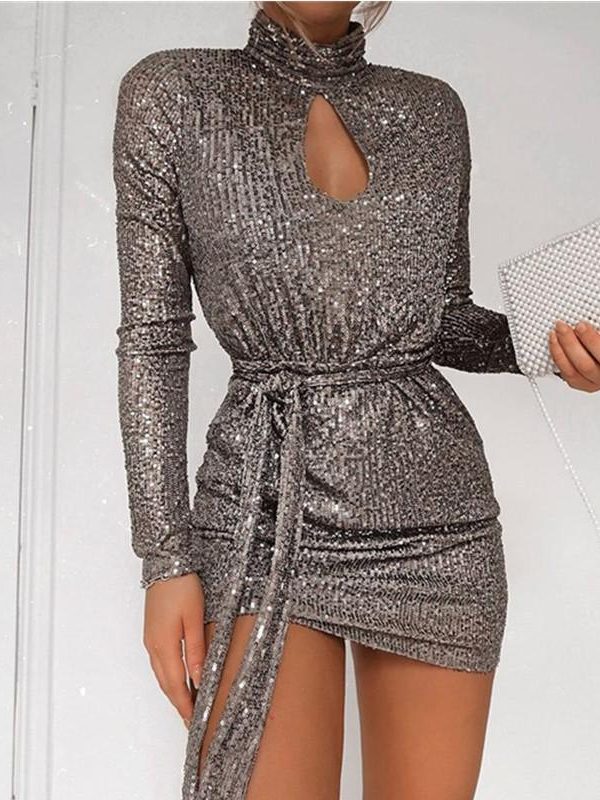 Women Sequined Keyhole Tie Waist Dress Club Wear Party Mini Dress Asymmetric Sexy Bodycon Mini Vestidos - Takalr