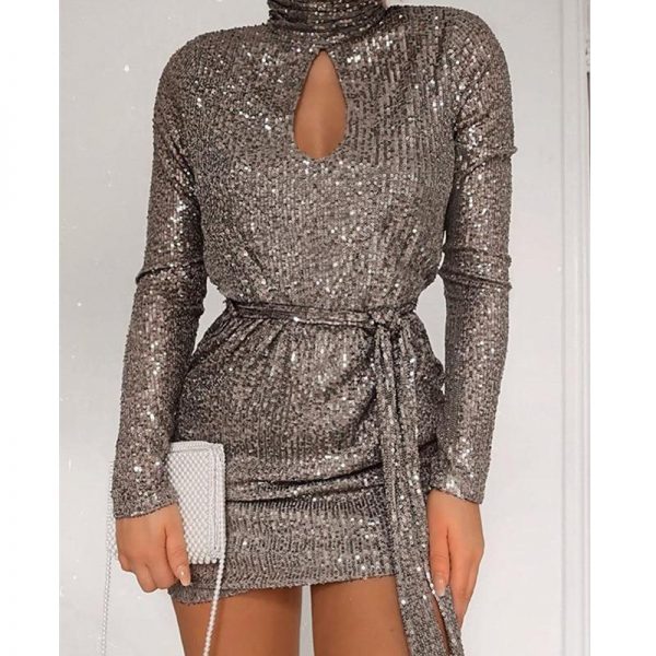 Women Sequined Keyhole Tie Waist Dress Club Wear Party Mini Dress Asymmetric Sexy Bodycon Mini Vestidos - Takalr