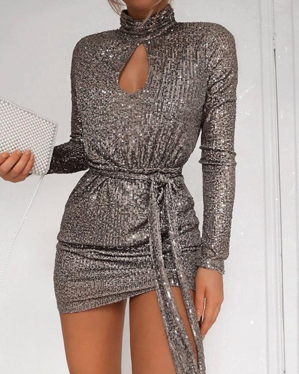 Women Sequined Keyhole Tie Waist Dress Club Wear Party Mini Dress Asymmetric Sexy Bodycon Mini Vestidos - Takalr