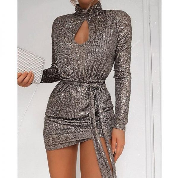 Women Sequined Keyhole Tie Waist Dress Club Wear Party Mini Dress Asymmetric Sexy Bodycon Mini Vestidos - Takalr