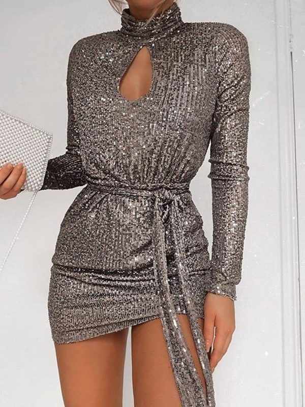 Women Sequined Keyhole Tie Waist Dress Club Wear Party Mini Dress Asymmetric Sexy Bodycon Mini Vestidos - Takalr