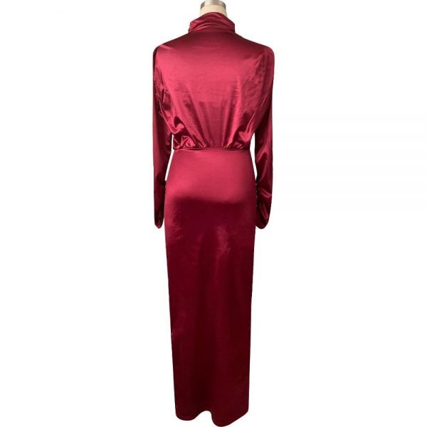 Women Splits Long Sleeve Maxi Dress High Neck Ruched Thigh Slit Satin Dresses Elegant Buttoned Sleeve Robe Femme - Takalr