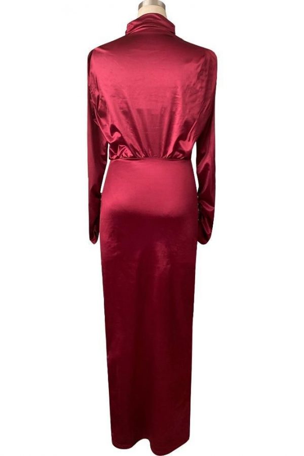 Women Splits Long Sleeve Maxi Dress High Neck Ruched Thigh Slit Satin Dresses Elegant Buttoned Sleeve Robe Femme - Takalr