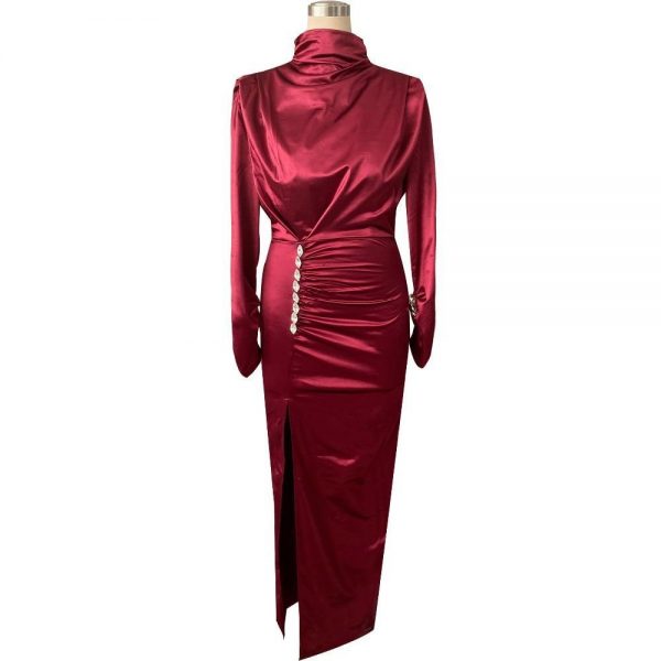 Women Splits Long Sleeve Maxi Dress High Neck Ruched Thigh Slit Satin Dresses Elegant Buttoned Sleeve Robe Femme - Takalr