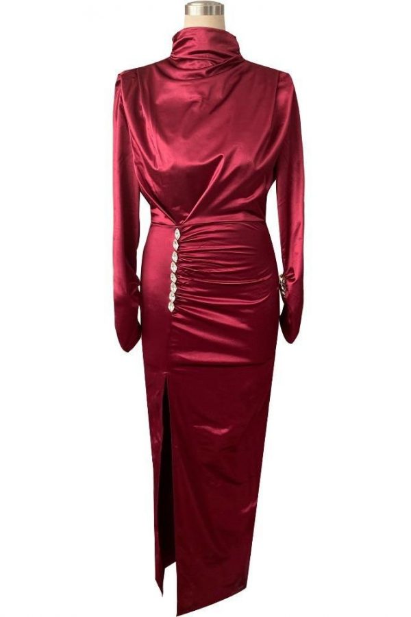 Women Splits Long Sleeve Maxi Dress High Neck Ruched Thigh Slit Satin Dresses Elegant Buttoned Sleeve Robe Femme - Takalr