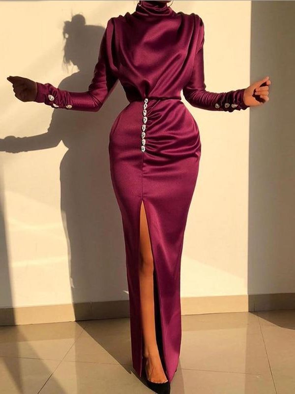 Women Splits Long Sleeve Maxi Dress High Neck Ruched Thigh Slit Satin Dresses Elegant Buttoned Sleeve Robe Femme - Takalr