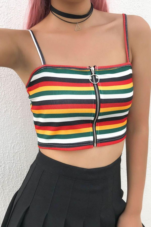 The Best Women Sexy Tank Top Vest Blouse Sleeveless Summer Zipper Crop Top Shirt Cami Top Casual Rainbow Stripe Shirt Online - Takalr