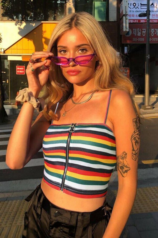 The Best Women Sexy Tank Top Vest Blouse Sleeveless Summer Zipper Crop Top Shirt Cami Top Casual Rainbow Stripe Shirt Online - Takalr