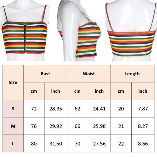 The Best Women Sexy Tank Top Vest Blouse Sleeveless Summer Zipper Crop Top Shirt Cami Top Casual Rainbow Stripe Shirt Online - Takalr