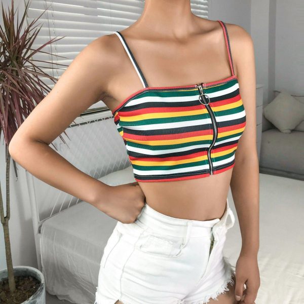 The Best Women Sexy Tank Top Vest Blouse Sleeveless Summer Zipper Crop Top Shirt Cami Top Casual Rainbow Stripe Shirt Online - Takalr