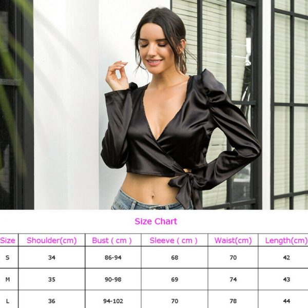 The Best Women Sexy Tops Ladies Fashion Fluffy Long Sleeve Crop Top Slim Fit Casual Solid V-Neck Tie Blouse Shirt New Online - Takalr