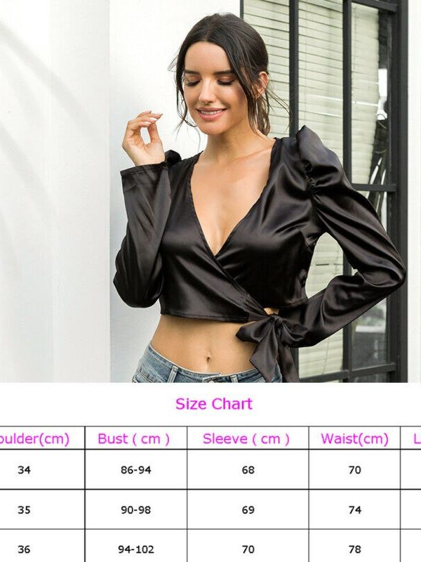 The Best Women Sexy Tops Ladies Fashion Fluffy Long Sleeve Crop Top Slim Fit Casual Solid V-Neck Tie Blouse Shirt New Online - Takalr