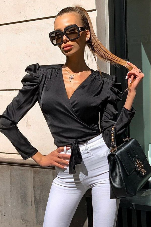 The Best Women Sexy Tops Ladies Fashion Fluffy Long Sleeve Crop Top Slim Fit Casual Solid V-Neck Tie Blouse Shirt New Online - Takalr