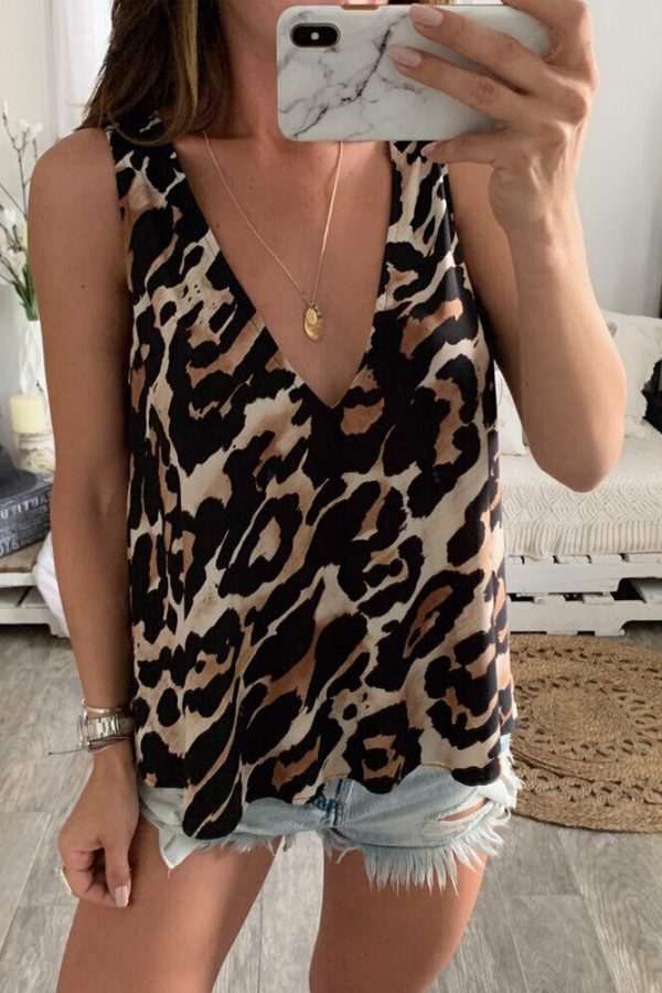 The Best Women Sexy V-Neck Casual Leopard Print Tank Top Vest Fashion Blouse Sleeveless Loose Summer Beach Shirt Cami Tops Online - Takalr