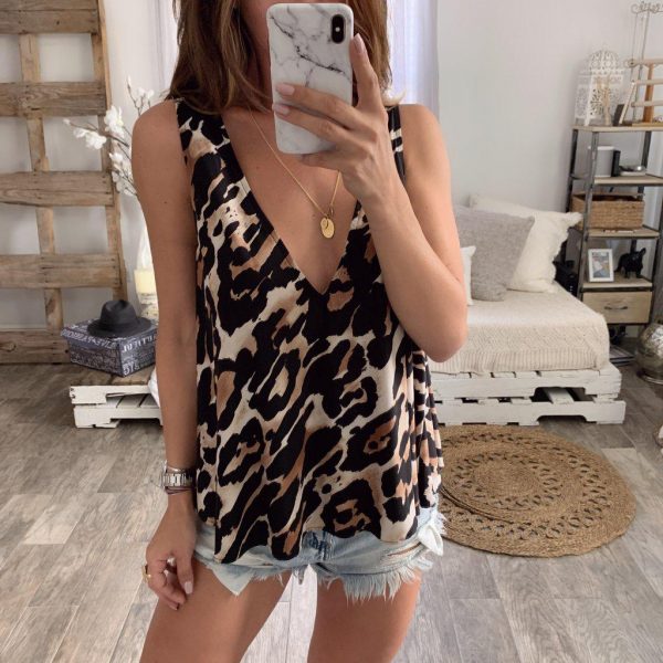 The Best Women Sexy V-Neck Casual Leopard Print Tank Top Vest Fashion Blouse Sleeveless Loose Summer Beach Shirt Cami Tops Online - Takalr