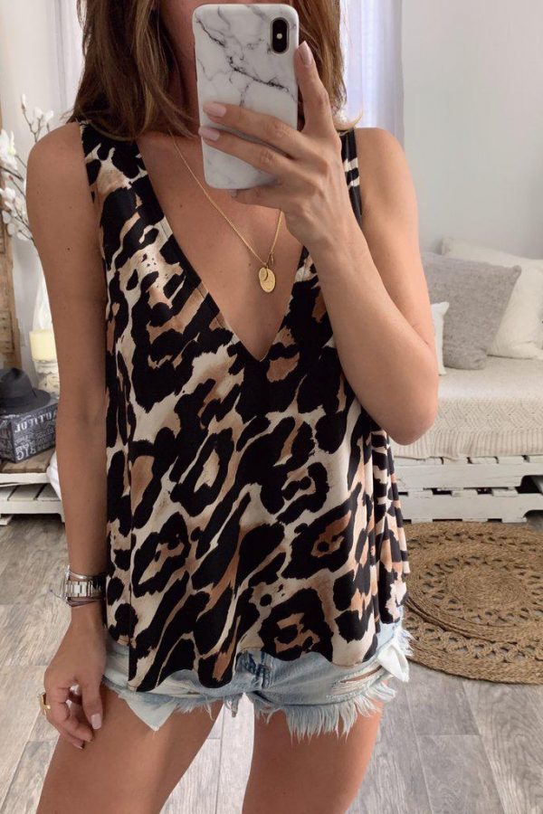 The Best Women Sexy V-Neck Casual Leopard Print Tank Top Vest Fashion Blouse Sleeveless Loose Summer Beach Shirt Cami Tops Online - Takalr