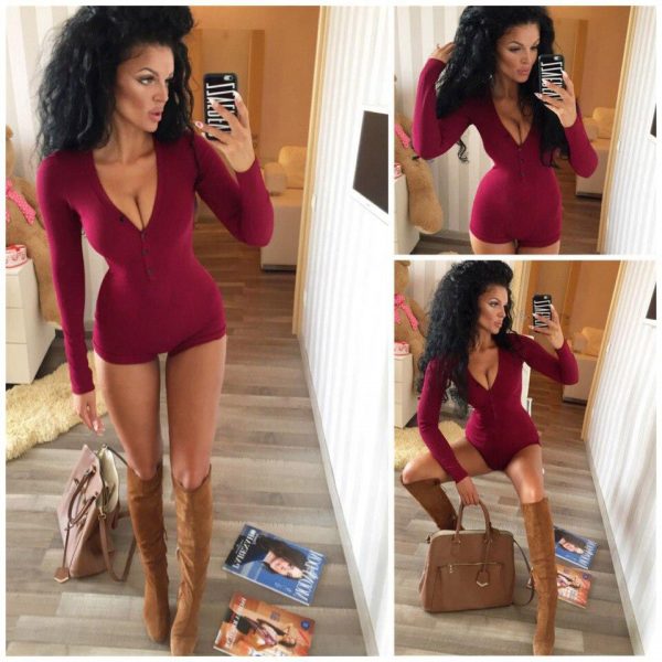 The Best Women Sexy V Neck Cotton Bodysuit Long Sleeve Autumn Clothing Wear Sexy Slim Short Cotton Knitted Bodycon Bandage Jumpsuit Online - Takalr