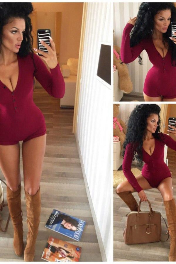 The Best Women Sexy V Neck Cotton Bodysuit Long Sleeve Autumn Clothing Wear Sexy Slim Short Cotton Knitted Bodycon Bandage Jumpsuit Online - Takalr