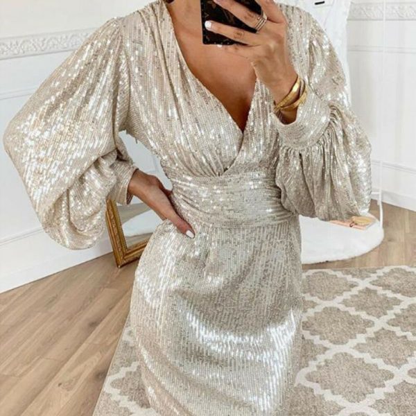 The Best Women Sexy V Neck Solid Sequins Shining Dress Club Sheath Lantern Long Sleeve Mini Dress Women Vestidos De Fiesta Robe Femme Online - Takalr