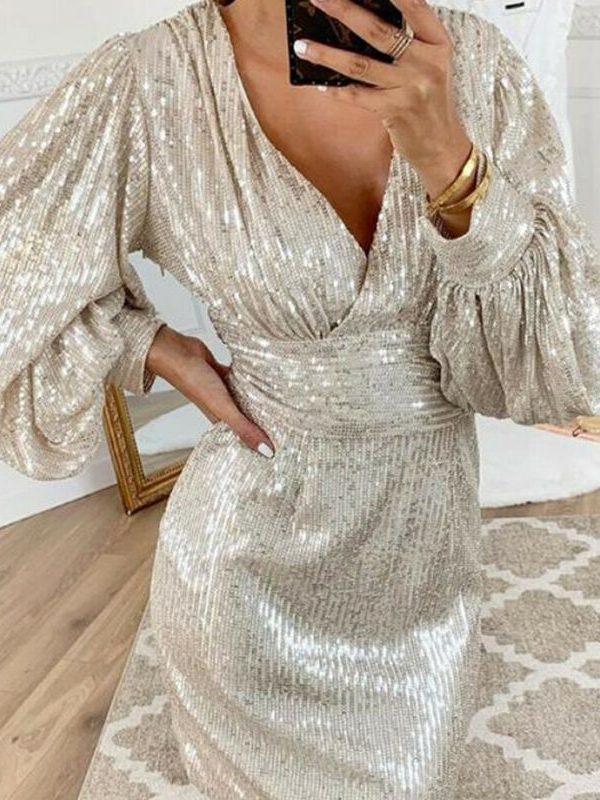 The Best Women Sexy V Neck Solid Sequins Shining Dress Club Sheath Lantern Long Sleeve Mini Dress Women Vestidos De Fiesta Robe Femme Online - Takalr