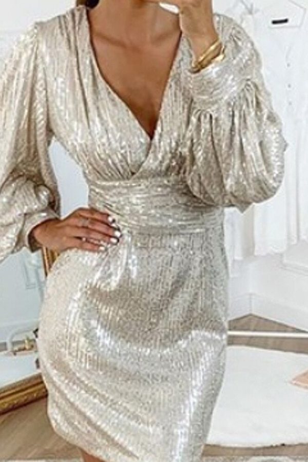 The Best Women Sexy V Neck Solid Sequins Shining Dress Club Sheath Lantern Long Sleeve Mini Dress Women Vestidos De Fiesta Robe Femme Online - Takalr